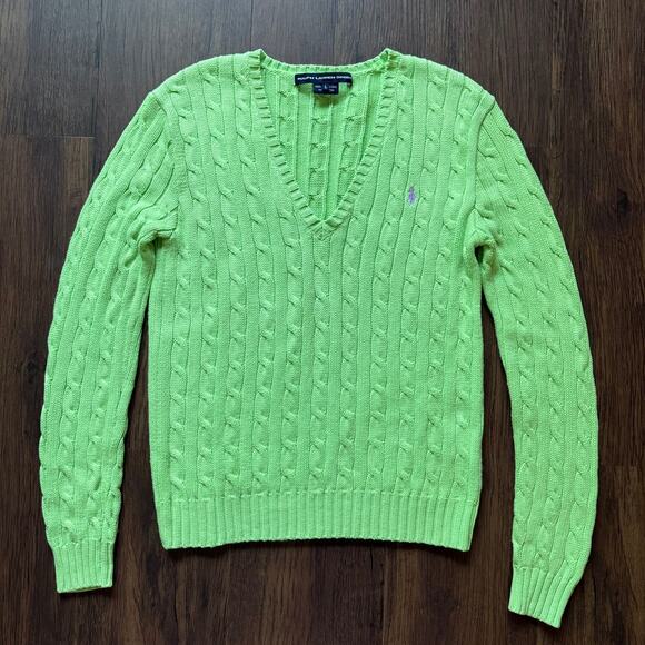 Ralph Lauren Sport Cable Knit V Neck Sweater Lime Green 100% Cotton Women’s L - Picture 1 of 9